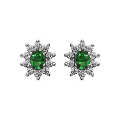 Boucles d'oreilles en argent rhodié collection joaillerie pierre centrale vert contour oxydes blancs sertis et fermoir poussette