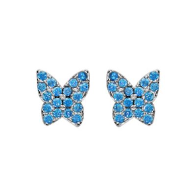 Boucles d'oreilles en argent rhodié papillon pavé de pierres bleu ciel sertis et fermoir poussette