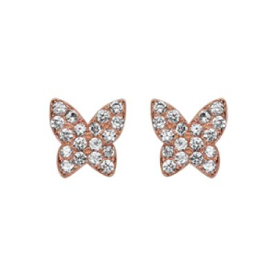 Boucles d'oreilles en argent rhodié papillon dorure rose pavé d'oxydes blancs sertis et fermoir poussette