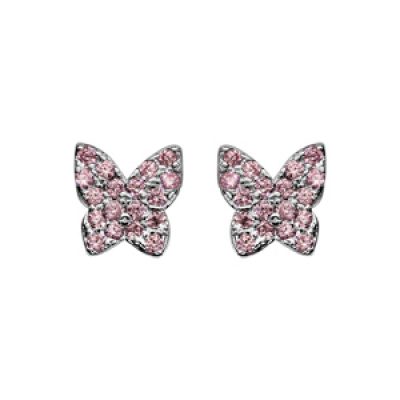 Boucles d'oreilles en argent rhodié papillon pavé de pierres roses serties et fermoir poussette