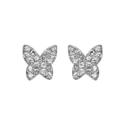 Boucles d'oreilles en argent rhodié papillon pavé d'oxydes blancs sertis et fermoir poussette