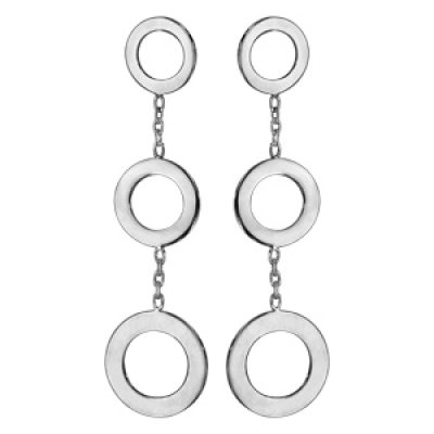 Boucles d'oreilles pendantes en argent rhodié 3 anneaux plats reliés avec chaînette et fermoir poussette