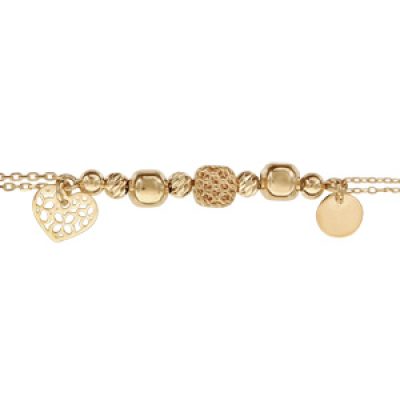 Bracelet en argent et dorure jaune chaîne avec boules géométriques et pampilles coeur et pastille - longueur 16+3cm