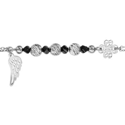 Bracelet en argent rhodié avec boules diamantées et pierres noires et tréfle + aile aux extrémités 16+3cm