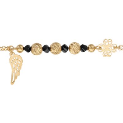 Bracelet en argent et dorure jaune chaîne avec boules diamantées pierres noires et aile d'ange - longueur 16+3cm