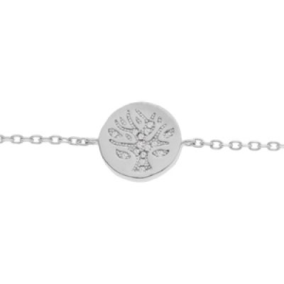 Bracelet en argent rhodié chaîne avec pastille ronde 12mm arbre de vie avec oxydes blancs sertis 15+4cm
