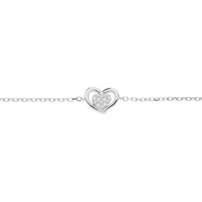 Bracelet en argent rhodié chaîne avec coeur et oxydes blancs sertis 16+3cm