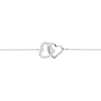 Bracelet en argent rhodié chaîne avec double coeur entrelacé et oxydes blancs sertis 16+2