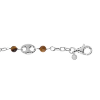 Bracelet en argent platiné chaîne avec grain de café et boule Oeil de tigre 16+3cm