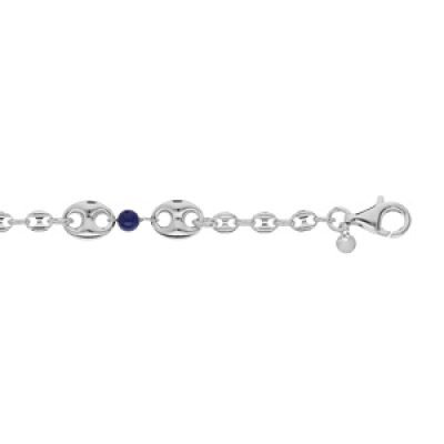 Bracelet en argent platiné chaîne avec grain de café et boule Lapis Lazuli 16+3cm