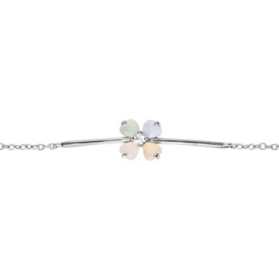 Bracelet en argent rhodié forme chaîne avec fleur en verre opaque pastel 16+2cm