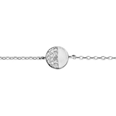 Bracelet en argent rhodié  chaîne avec pastille oxydes blancs sur demi face longueur 16+3cm