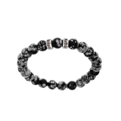 Bracelet extensible en argent platiné avec boules Obsidienne gris véritable et 2 charms à graver
