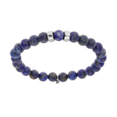 Bracelet extensible en argent platiné avec boules Lapis Lazuli bleu véritable et 2 charms à graver