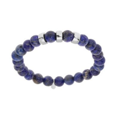 Bracelet extensible en argent platiné avec boules Lapis Lazuli bleu véritable et 3 charms à graver