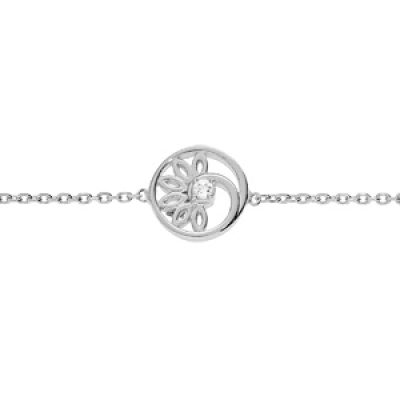 Bracelet en argent rhodié chaîne avec pastille fleur oxydes blancs sertis 16+2cm