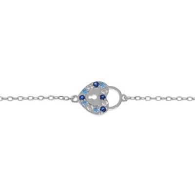 Bracelet en argent rhodié chaîne avec coeur cadenas oxydes bleus 16+1+1cm
