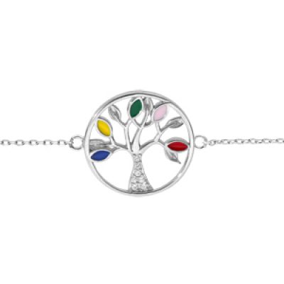Bracelet en argent rhodié chaîne avec arbre de vie multi couleurs et oxydes blancs 16+3cm