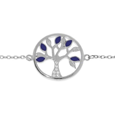 Bracelet en argent rhodié chaîne avec pastille motif arbre de vie couleur bleue et oxydes blancs 16+3cm