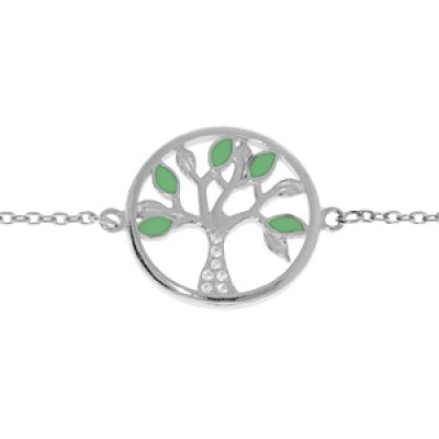 Bracelet en argent rhodié chaîne avec pastille motif arbre de vie couleur verte et oxydes blancs 16+3cm