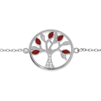 Bracelet en argent rhodié chaîne avec pastille motif arbre de vie couleur rouge et oxydes blancs 16+3cm