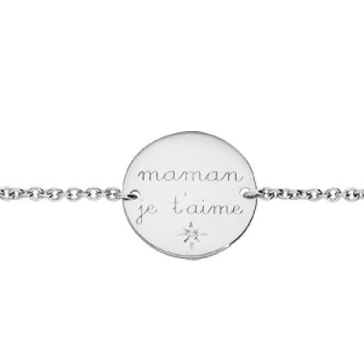 Bracelet en argent rhodié chaîne avec pastille "maman je t'aime" 1 oxyde blanc serti longueur 16+3cm