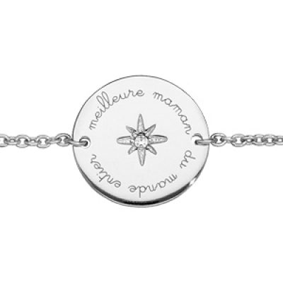 Bracelet en argent rhodié chaîne avec pastille "meilleure maman du monde entier" et oxyde blanc serti 16+3cm