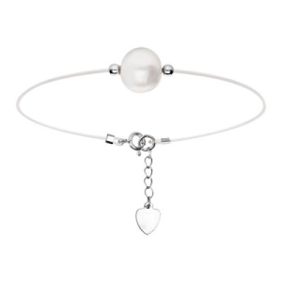 Bracelet en argent rhodié fil transparent avec perle d'eau douce longueur 18+4cm