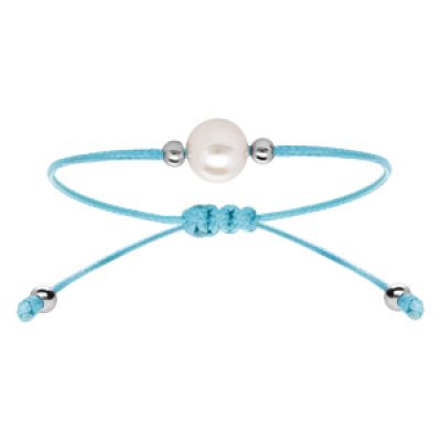 Bracelet en argent rhodié cordon réglable bleu ciel avec perle d'eau douce