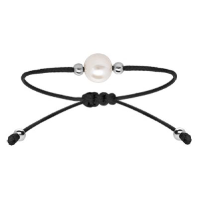 Bracelet en argent rhodié cordon réglable noir avec perle d'eau douce