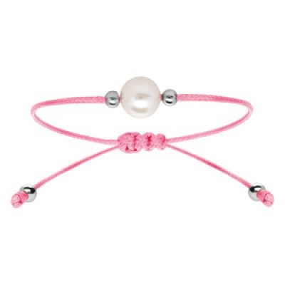 Bracelet en argent rhodié cordon réglable rose avec perle d'eau douce