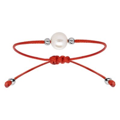 Bracelet en argent rhodié cordon réglable rouge avec perle d'eau douce