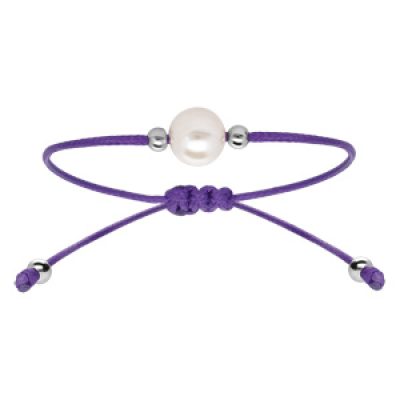 Bracelet en argent rhodié cordon réglable violet avec perle d'eau douce