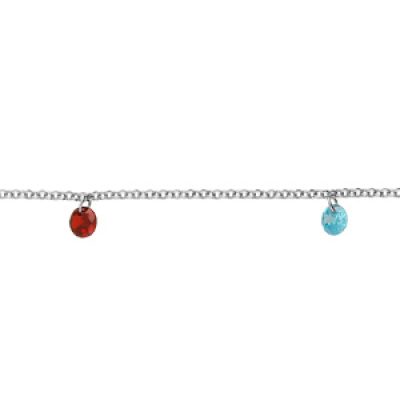 Bracelet en argent rhodié chaîne et 5 pampilles multicolores longueur 17+2cm