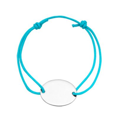 Bracelet en argent cordon coulissant bleu turquoise avec plaque ovale à graver