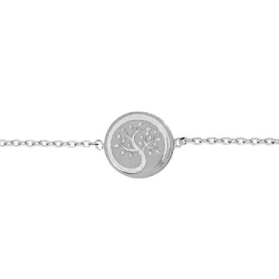 Bracelet en argent rhodié chaîne avec pastille ronde motif arbre de vie 16+2cm
