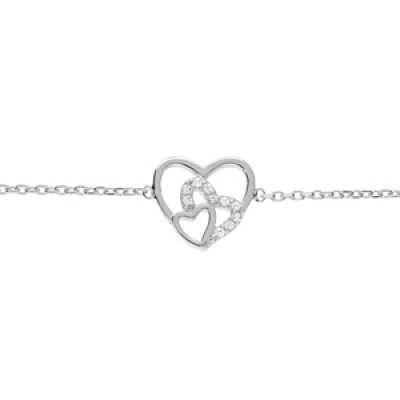 Bracelet en argent rhodié chaîne avec coeurs entrelacés et oxydes blancs sertis 16+2cm