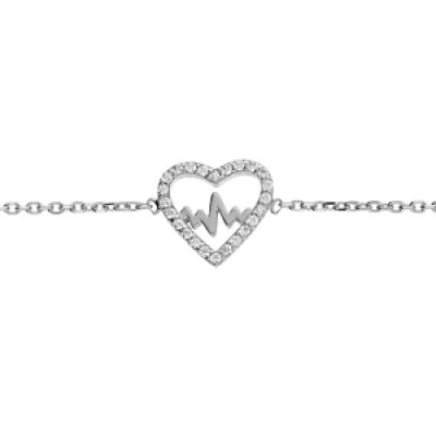 Bracelet en argent rhodié chaîne avec coeur motif courbe de vie et oxydes blancs sertis 16+2cm