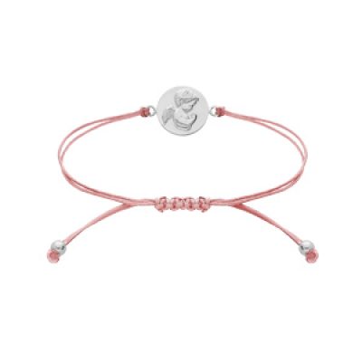Bracelet en argent rhodié cordon coulissant rose avecpastille motif Angelot