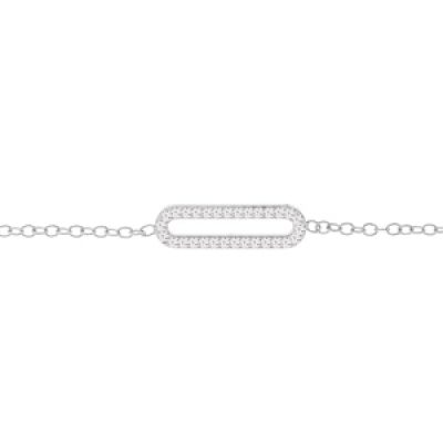 Bracelet en argent rhodié chaîne avec rectangle pavé d'oxydes blancs sertis 16+3cm