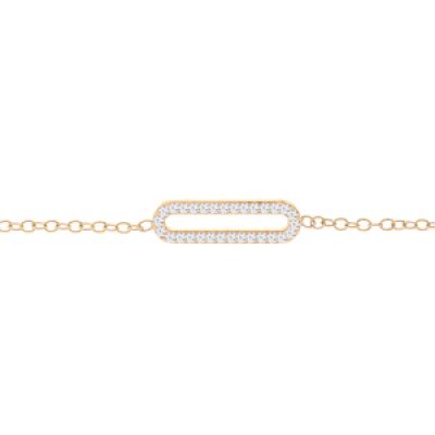 Bracelet en argent et dorure jaune chaîne avec rectangle pavé d'oxydes blancs sertis 16+3cm