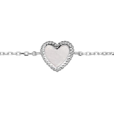 Bracelet en argent rhodié chaîne avec coeur nacre blanche longueur 16+2.5cm