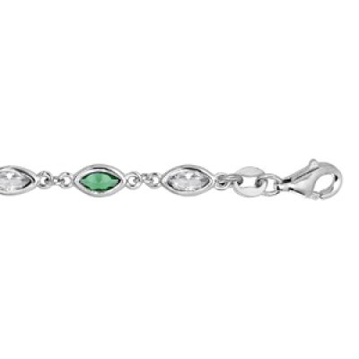 Bracelet en argent rhodié avec oxydes blancs et verts en forme de navette longueur 16+3cm