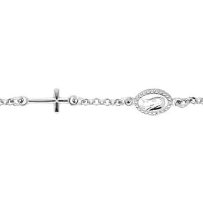 Bracelet en argent rhodié chaîne avec croix et motif religieux longueur 17+2cm