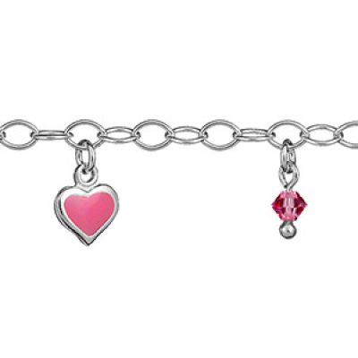 Bracelet en argent chaîne avec pampilles coeurs et oxydes roses alternés - longueur 16cm réglable