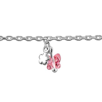 Bracelet en argent chaîne avec 3 pampilles papillons en oxyde rose et fleurs - longueur 18cm réglable