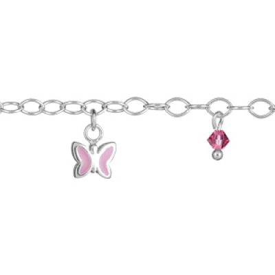 Bracelet en argent chaîne avec pampilles papillons et oxydes roses alternés - longueur 14cm + 2cm réglable