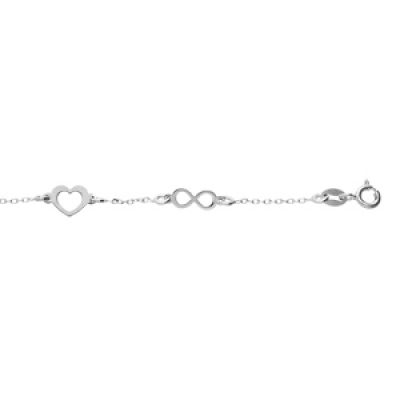 Bracelet en argent rhodié chaîne avec coeurs et infinis 16+3cm