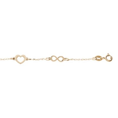 Bracelet en argent et dorure jaune chaîne avec coeurs et infinis 16+3cm