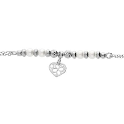 Bracelet en argent rhodié avec pampille coeur et perle blanche de synthèse 16+3cm